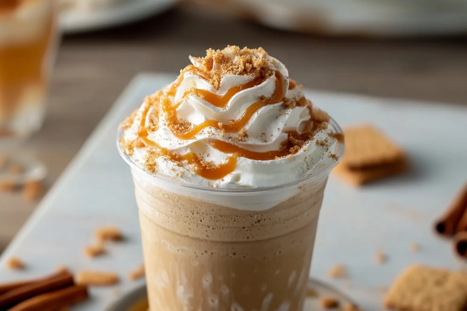 Pumpkin Spice Latte Frappuccino Topped with Whipped Cream and Caramel Drizzle