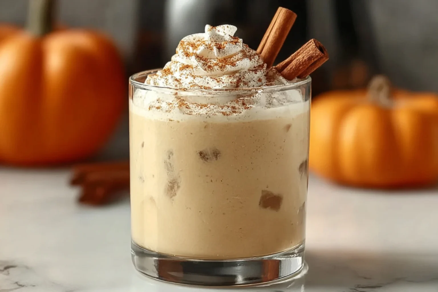 Pumpkin Spice White Russian cocktail with whipped cream and cinnamon
