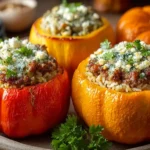 Stuffed pumpkin with rice and sausage baked with Parmesan and parsley, served on a rustic plate for a cozy fall dinner