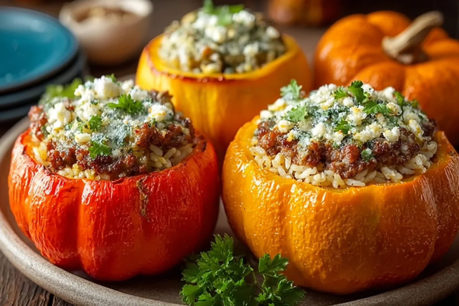 Stuffed pumpkin with rice and sausage baked with Parmesan and parsley, served on a rustic plate for a cozy fall dinner