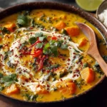 Pumpkin Curry in a rustic bowl with coconut cream swirl, cilantro, chili slices, and red chili flakes, served with rice on the side.