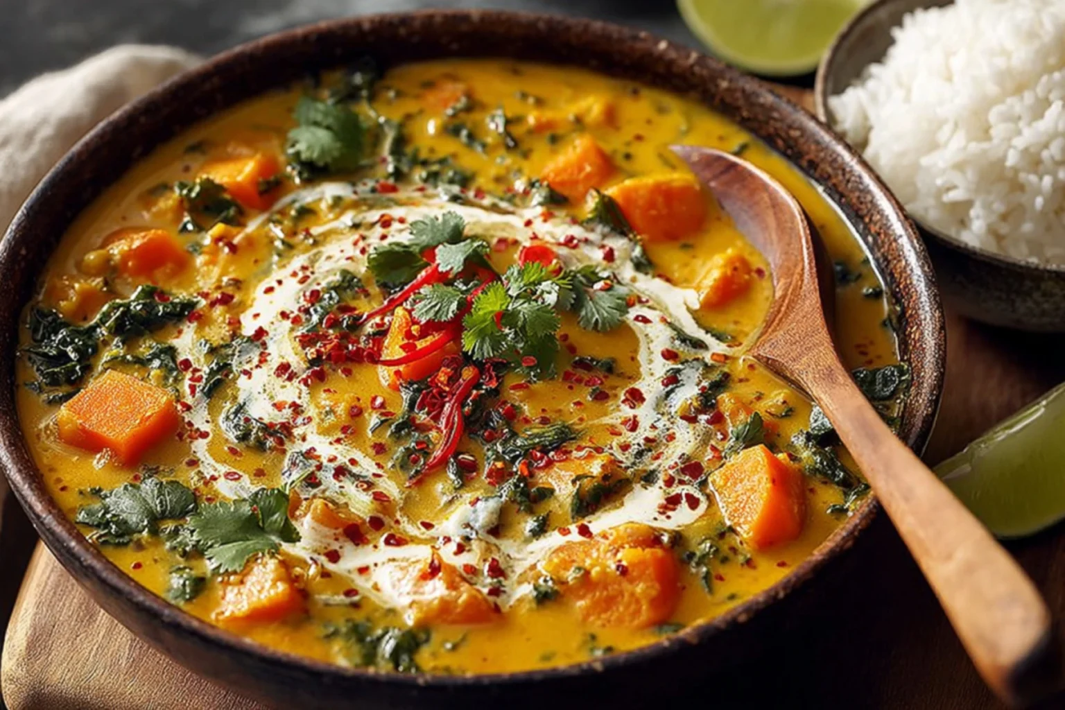 Pumpkin Curry in a rustic bowl with coconut cream swirl, cilantro, chili slices, and red chili flakes, served with rice on the side.