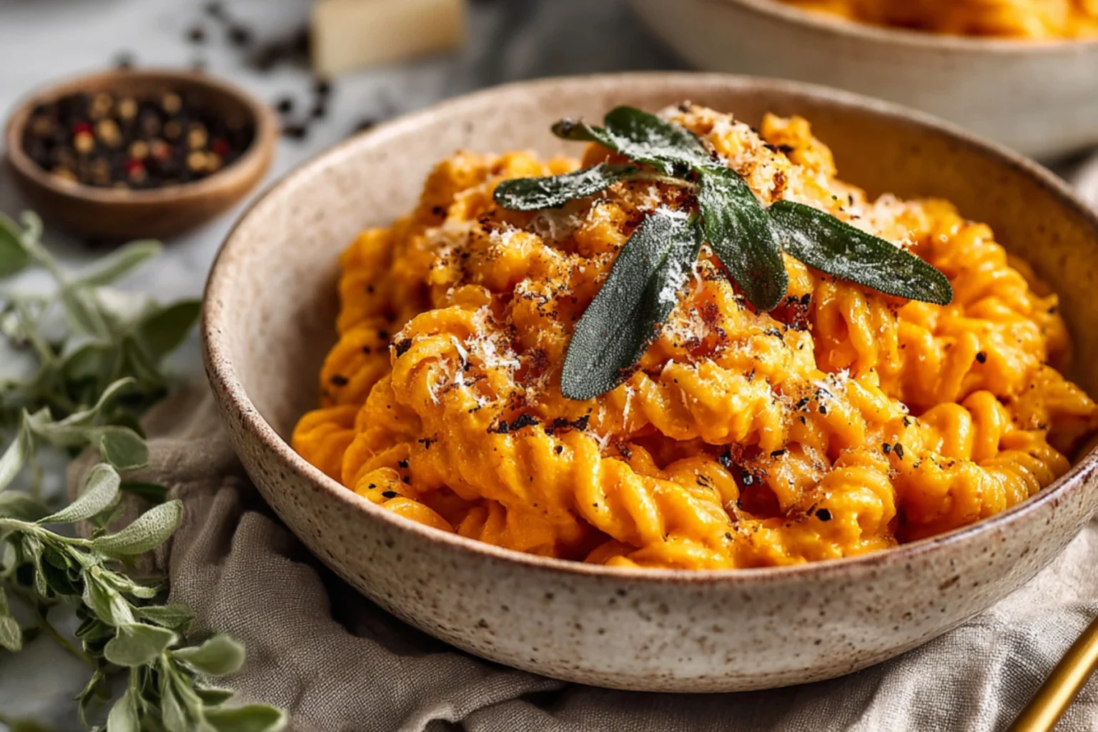 Roasted Pumpkin & Sage Pasta in a Cozy Bowl with Fresh Herbs and Parmesan
