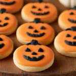 Orange sugar cookie pumpkins with black chocolate jack-o-lantern faces arranged on wooden cutting board - easy Halloween treats recipe