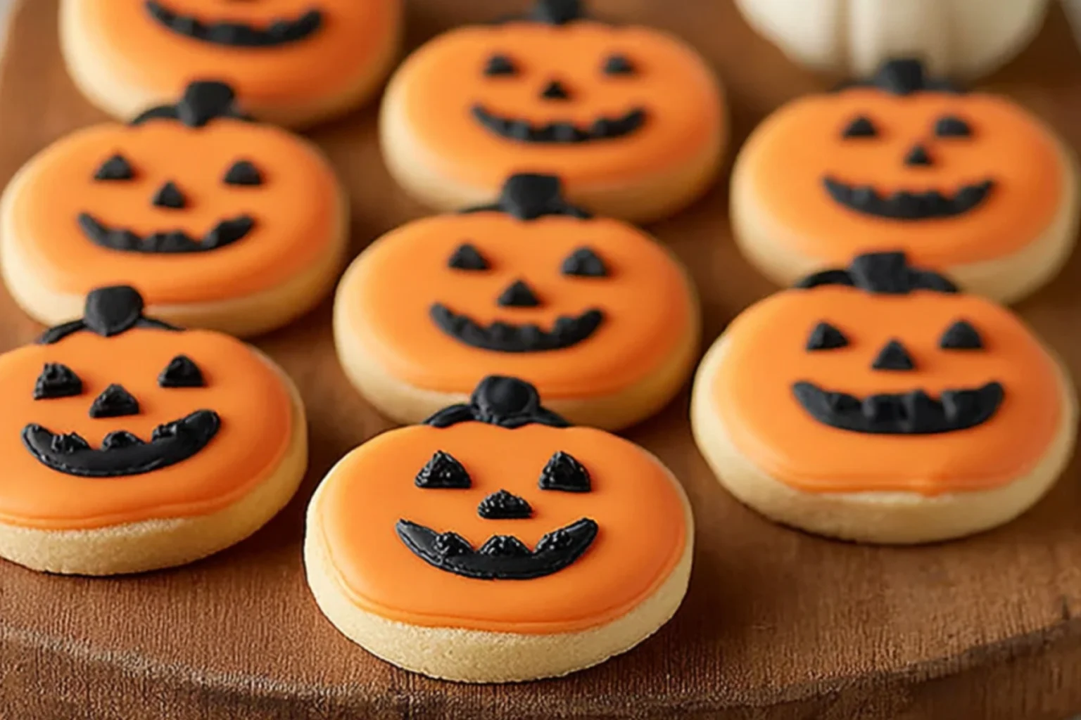 Orange sugar cookie pumpkins with black chocolate jack-o-lantern faces arranged on wooden cutting board - easy Halloween treats recipe