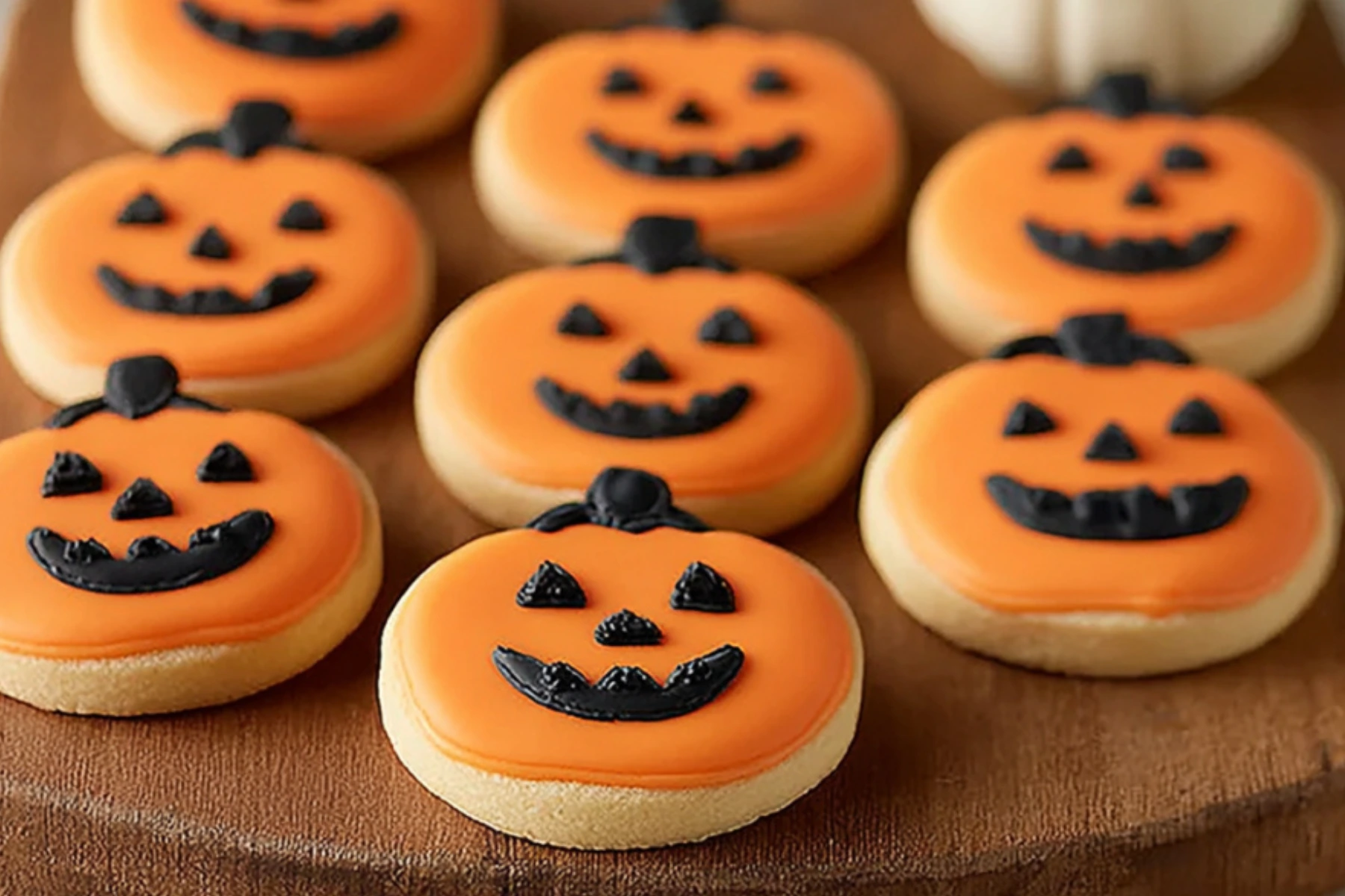 Orange sugar cookie pumpkins with black chocolate jack-o-lantern faces arranged on wooden cutting board - easy Halloween treats recipe