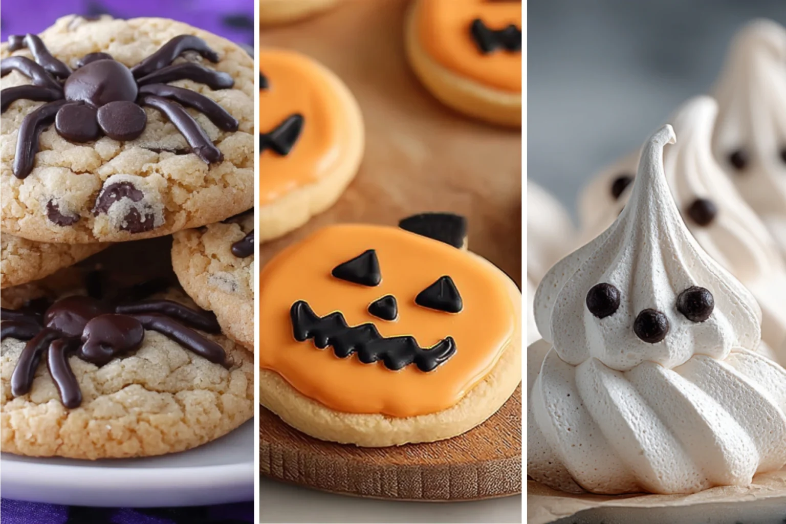 Halloween cookies with spider designs, pumpkin faces, and ghost meringues