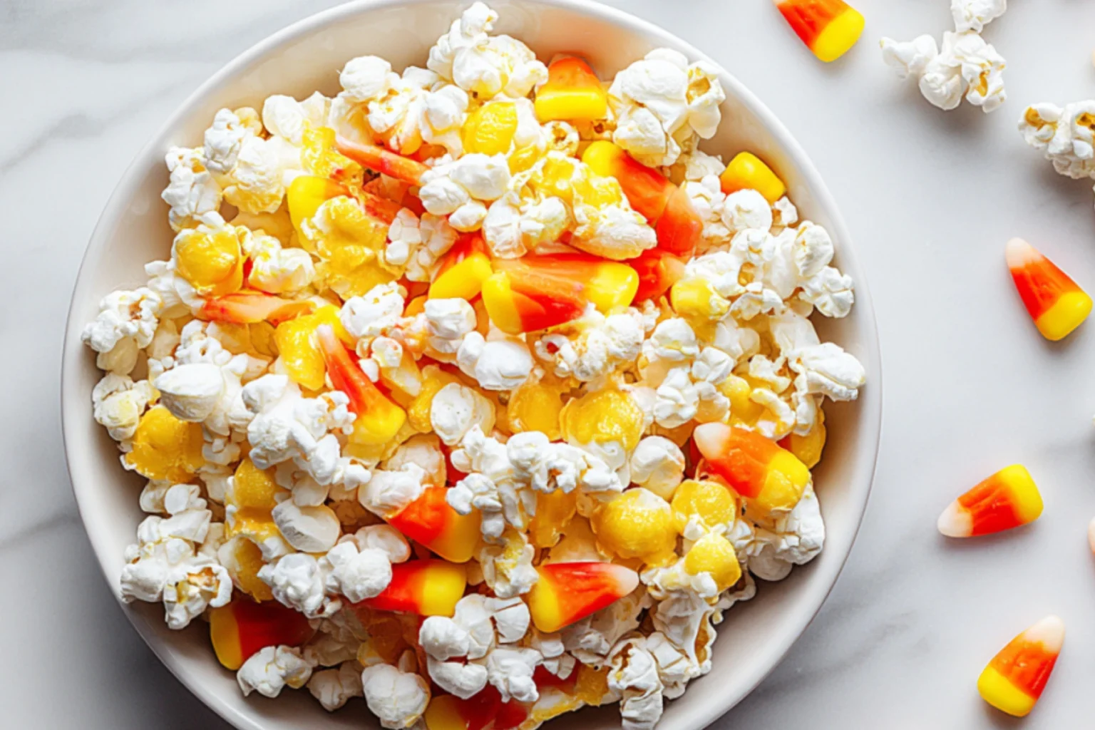 Candy Corn Popcorn Mix in a white bowl with candy corn scattered on marble countertop
