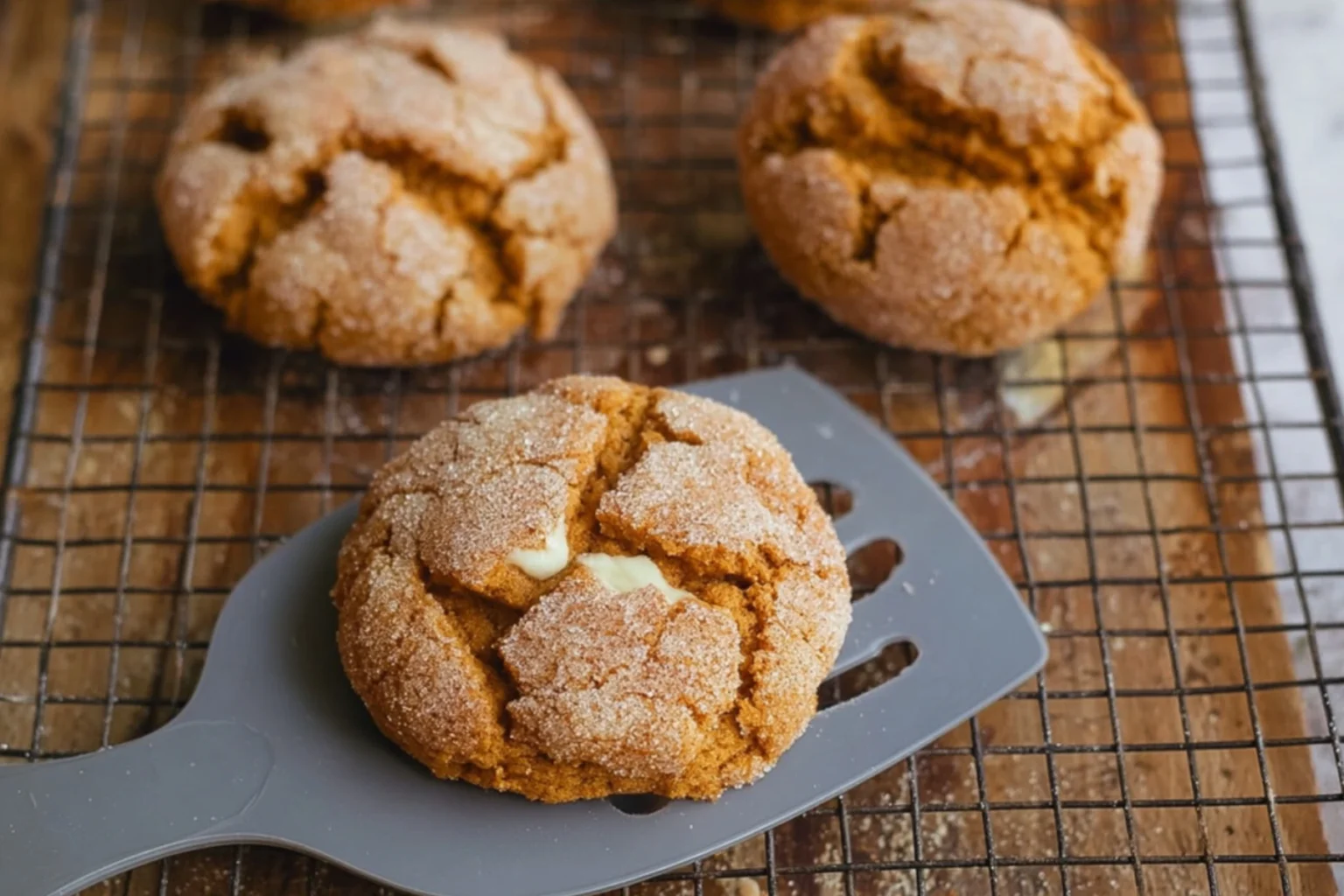 Keto Pumpkin Cheesecake Cookies cooling on a baking rack with cheesecake filling