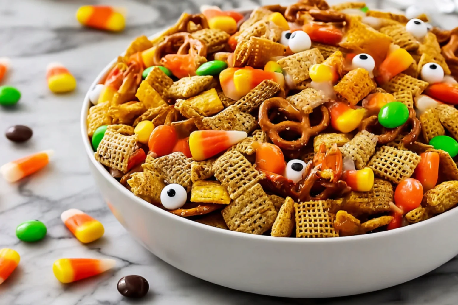 Halloween Harvest Snack Mix with Chex cereal, pretzels, candy corn, pumpkins, Reese’s Pieces, and candy eyeballs in a white bowl on marble.