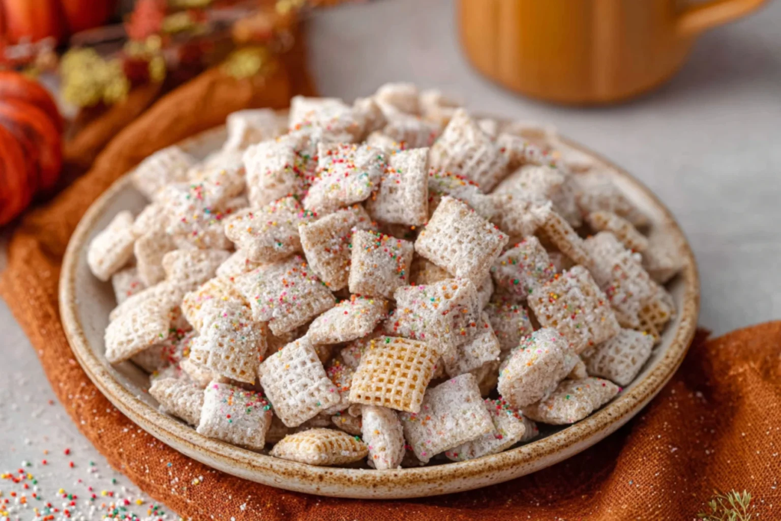 Pumpkin Spice Puppy Chow with Colorful Sprinkles