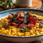 Pumpkin Risotto Recipe with crispy bacon and fried sage leaves in a white bowl, served on a marble kitchen countertop.