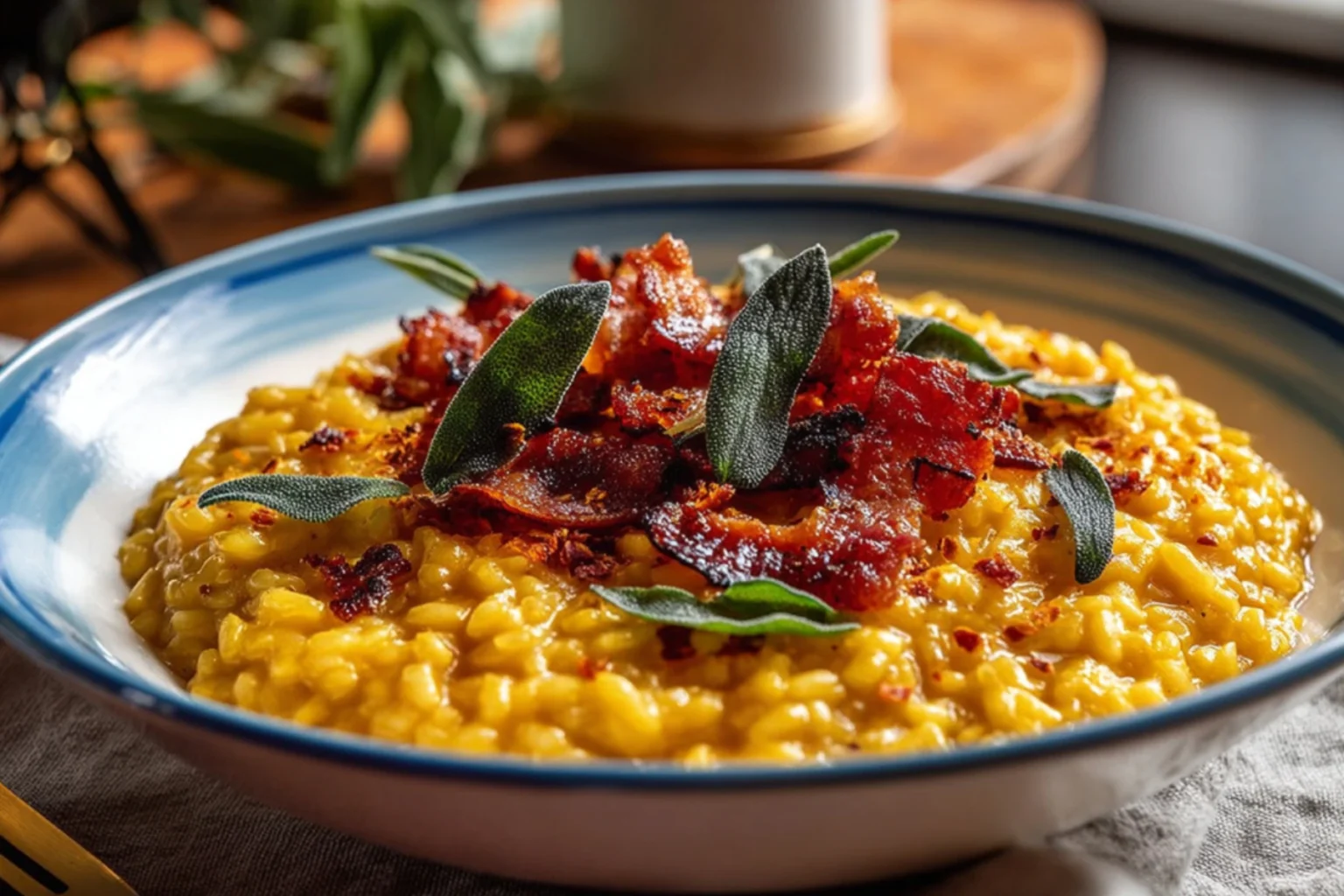 Pumpkin Risotto Recipe with crispy bacon and fried sage leaves in a white bowl, served on a marble kitchen countertop.