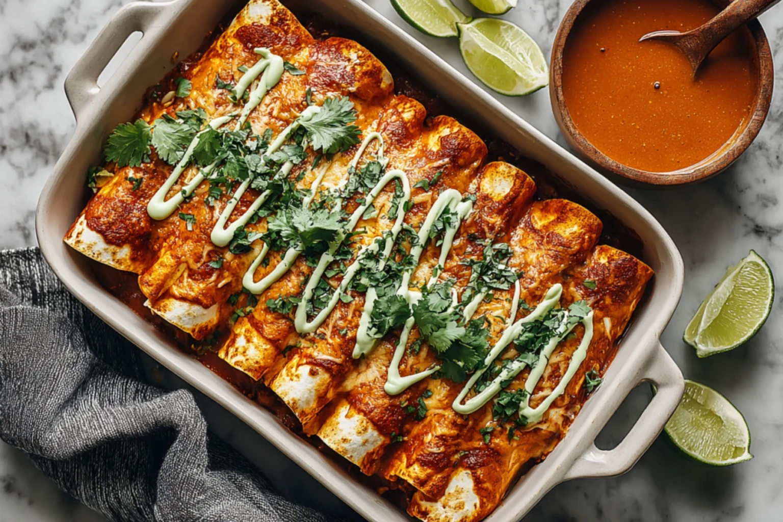 Pumpkin Black Bean Enchiladas with Avocado Crema and Fresh Cilantro