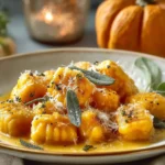 Delicious homemade pumpkin gnocchi served with fresh sage, thyme, and a sprinkle of Parmesan cheese.