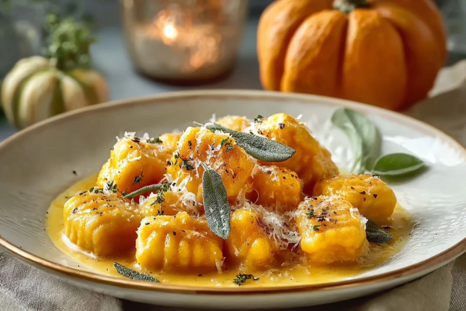 Delicious homemade pumpkin gnocchi served with fresh sage, thyme, and a sprinkle of Parmesan cheese.