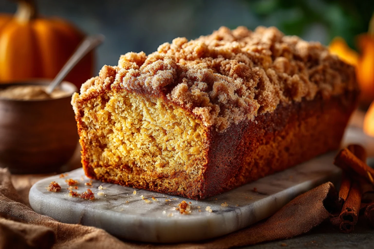 Pumpkin Streusel Bread with Crumb Topping and Pumpkin Interior