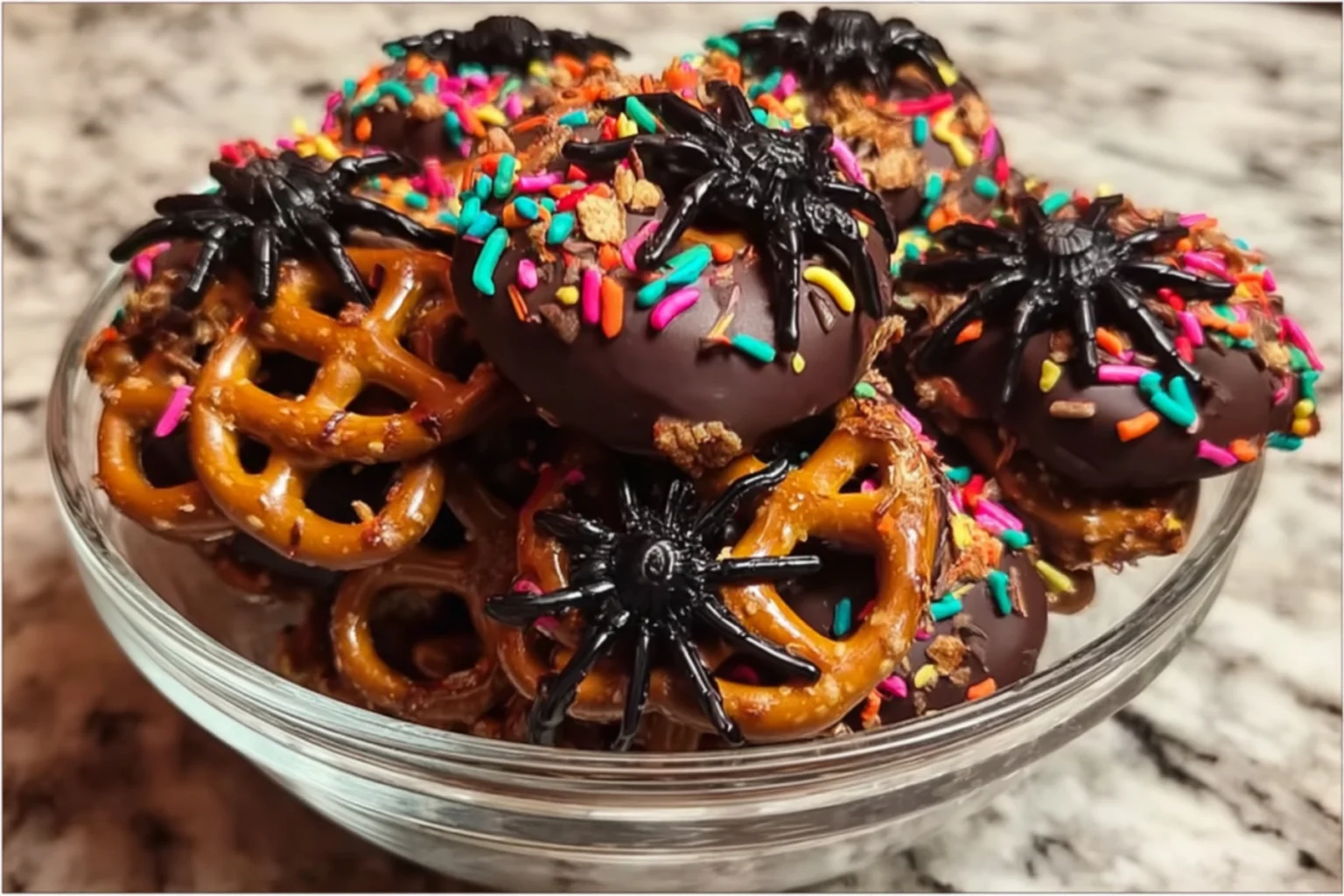 Spooky Spider Pretzel Mix with chocolate-covered pretzels, rainbow sprinkles, and gummy spiders served in a glass bowl on marble countertop