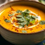 Thai Pumpkin Coconut Soup in a bowl with a swirl of coconut milk, garnished with fresh coriander leaves and a sprinkle of red chili flakes.