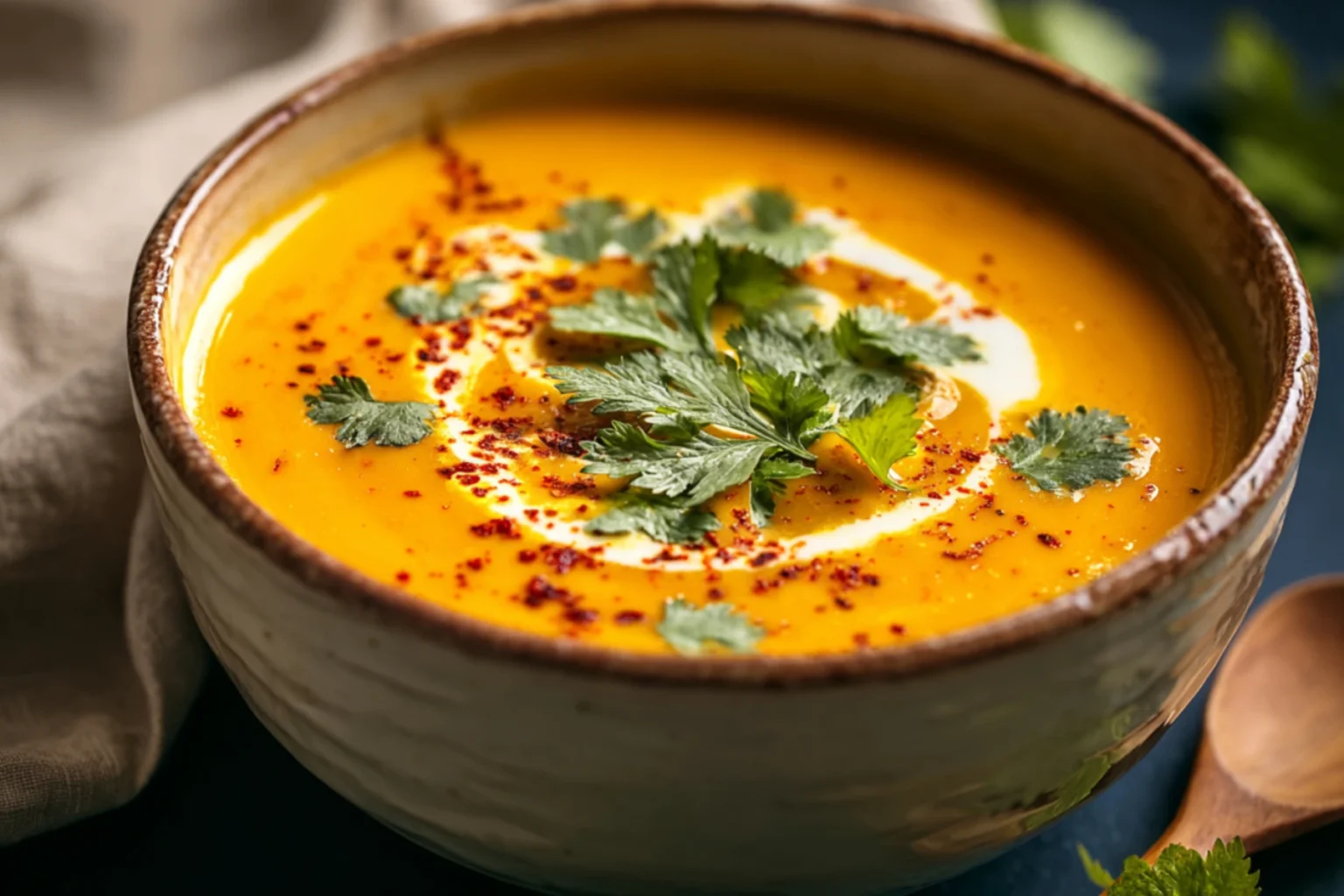 Thai Pumpkin Coconut Soup in a bowl with a swirl of coconut milk, garnished with fresh coriander leaves and a sprinkle of red chili flakes.