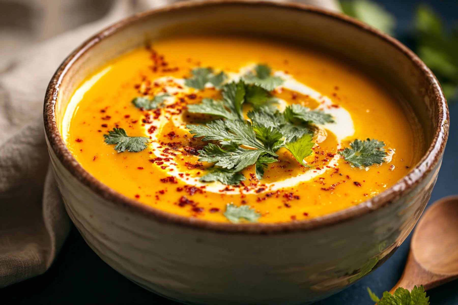 Thai Pumpkin Coconut Soup in a bowl with a swirl of coconut milk, garnished with fresh coriander leaves and a sprinkle of red chili flakes.