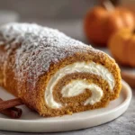 Pumpkin roll cake with a creamy filling, dusted with powdered sugar and cinnamon, perfect for fall celebrations.