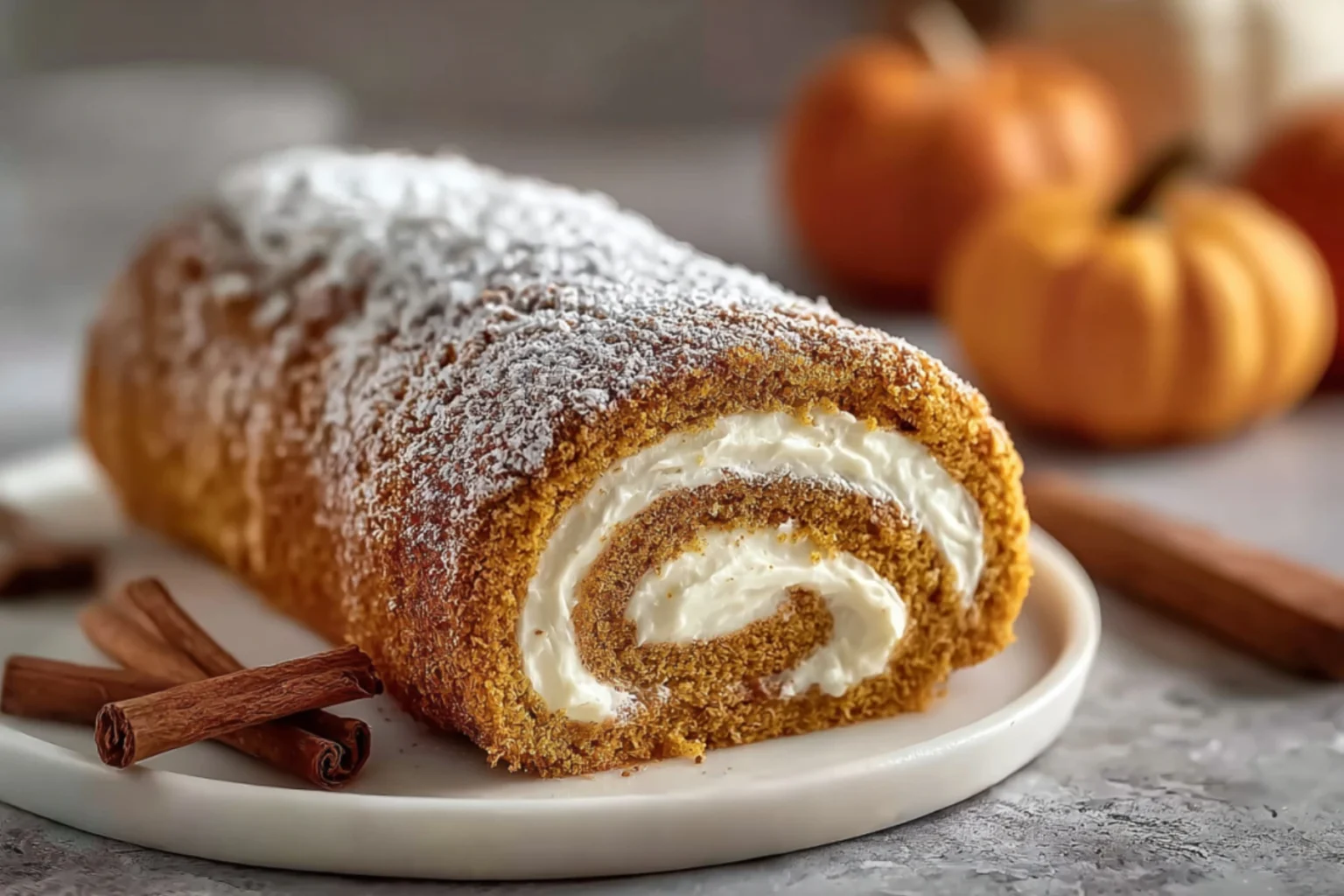 Pumpkin roll cake with a creamy filling, dusted with powdered sugar and cinnamon, perfect for fall celebrations.