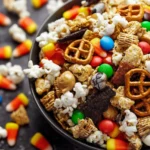 Monster Munch Trail Mix with popcorn pretzels candy corn and chocolate