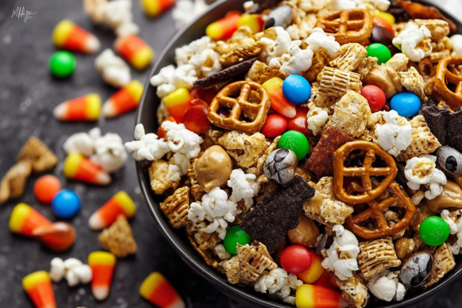 Monster Munch Trail Mix with popcorn pretzels candy corn and chocolate