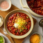 Turkey Chili (No Beans) in a beige bowl topped with shredded cheese sour cream and green onions beside a cream Dutch oven and ladle on a light surface