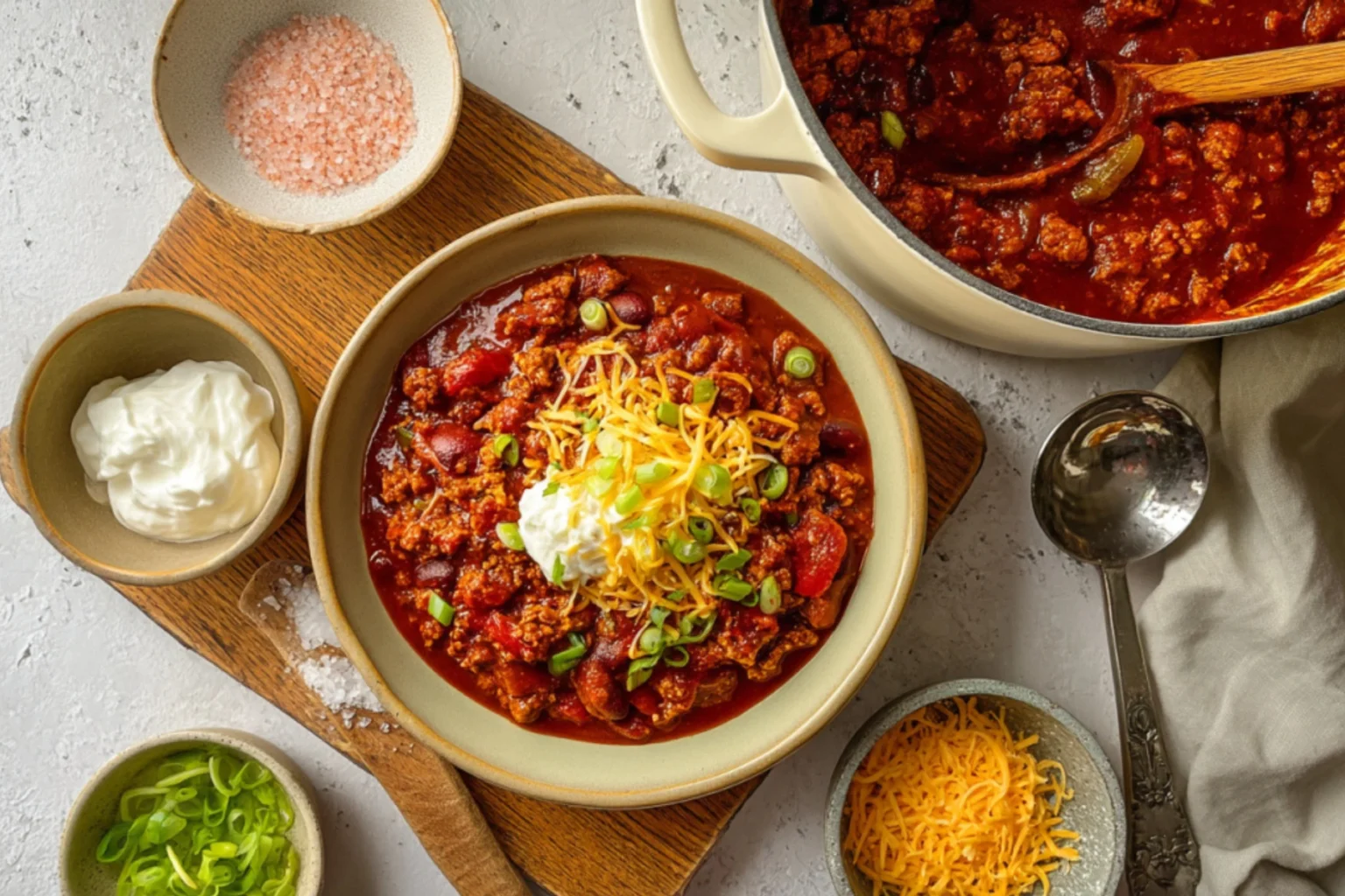 Turkey Chili (No Beans) in a beige bowl topped with shredded cheese sour cream and green onions beside a cream Dutch oven and ladle on a light surface