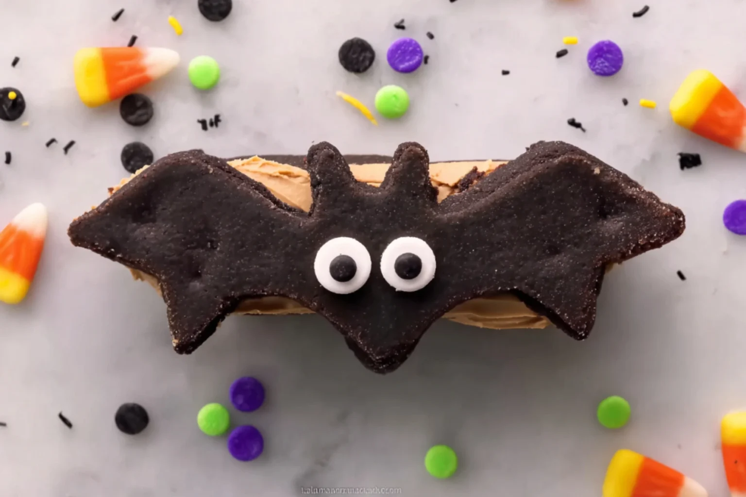 Halloween bat wing chocolate pretzel mix cookie sandwich with peanut butter filling and candy eyes on marble countertop with festive sprinkles