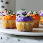 Halloween Funfetti Cupcakes with orange and purple frosting topped with Halloween sprinkles on a white plate