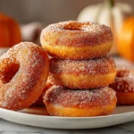 Glazed Pumpkin Donuts coated in cinnamon sugar on a plate