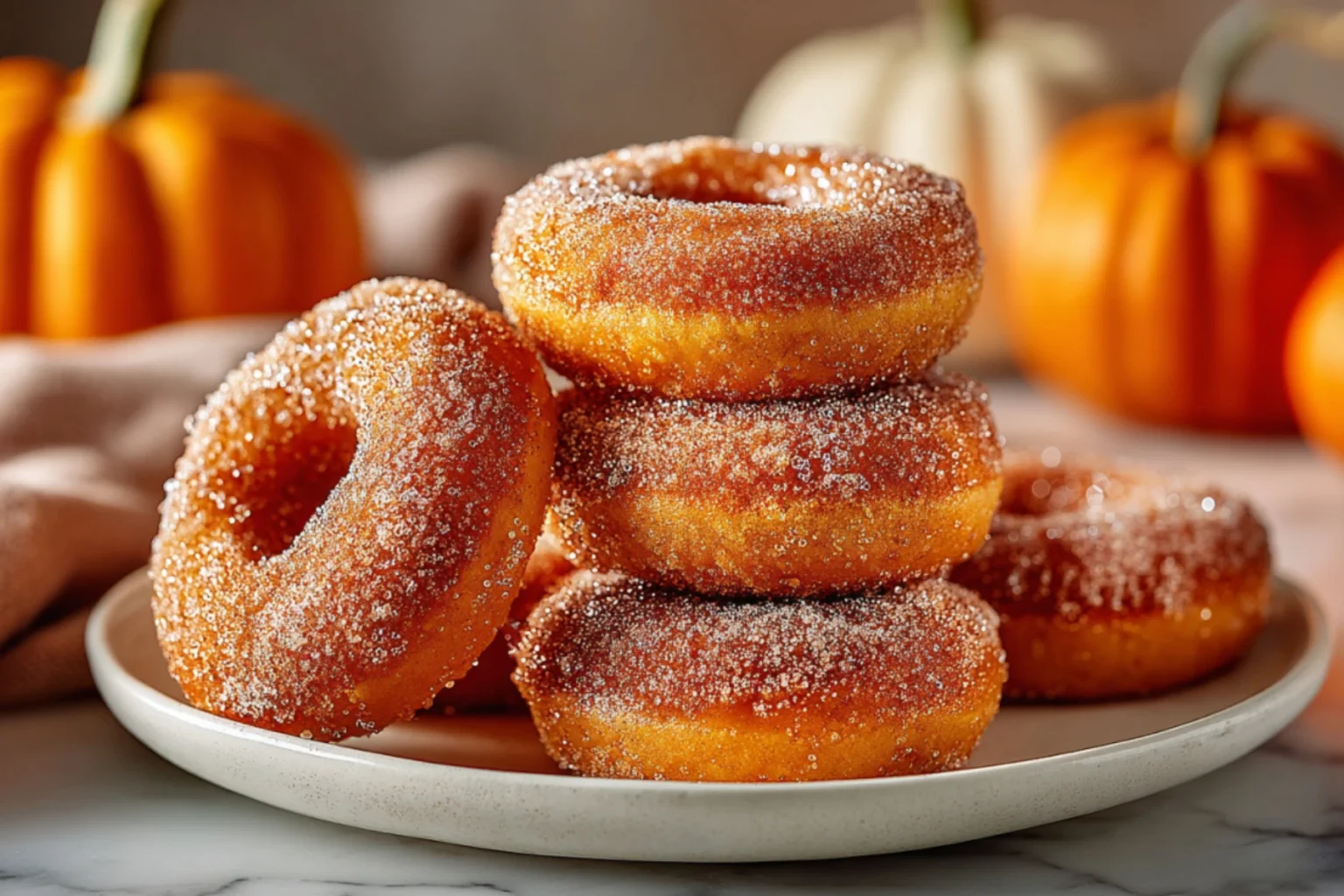 Glazed Pumpkin Donuts coated in cinnamon sugar on a plate