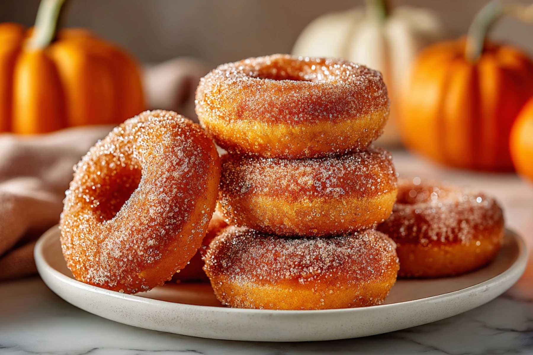 Glazed Pumpkin Donuts coated in cinnamon sugar on a plate