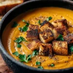 Roasted butternut squash soup with crispy croutons and fresh parsley in a rustic black bowl