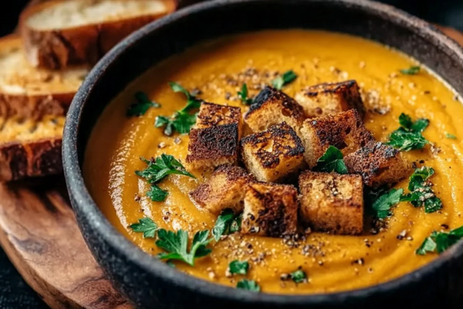 Roasted butternut squash soup with crispy croutons and fresh parsley in a rustic black bowl
