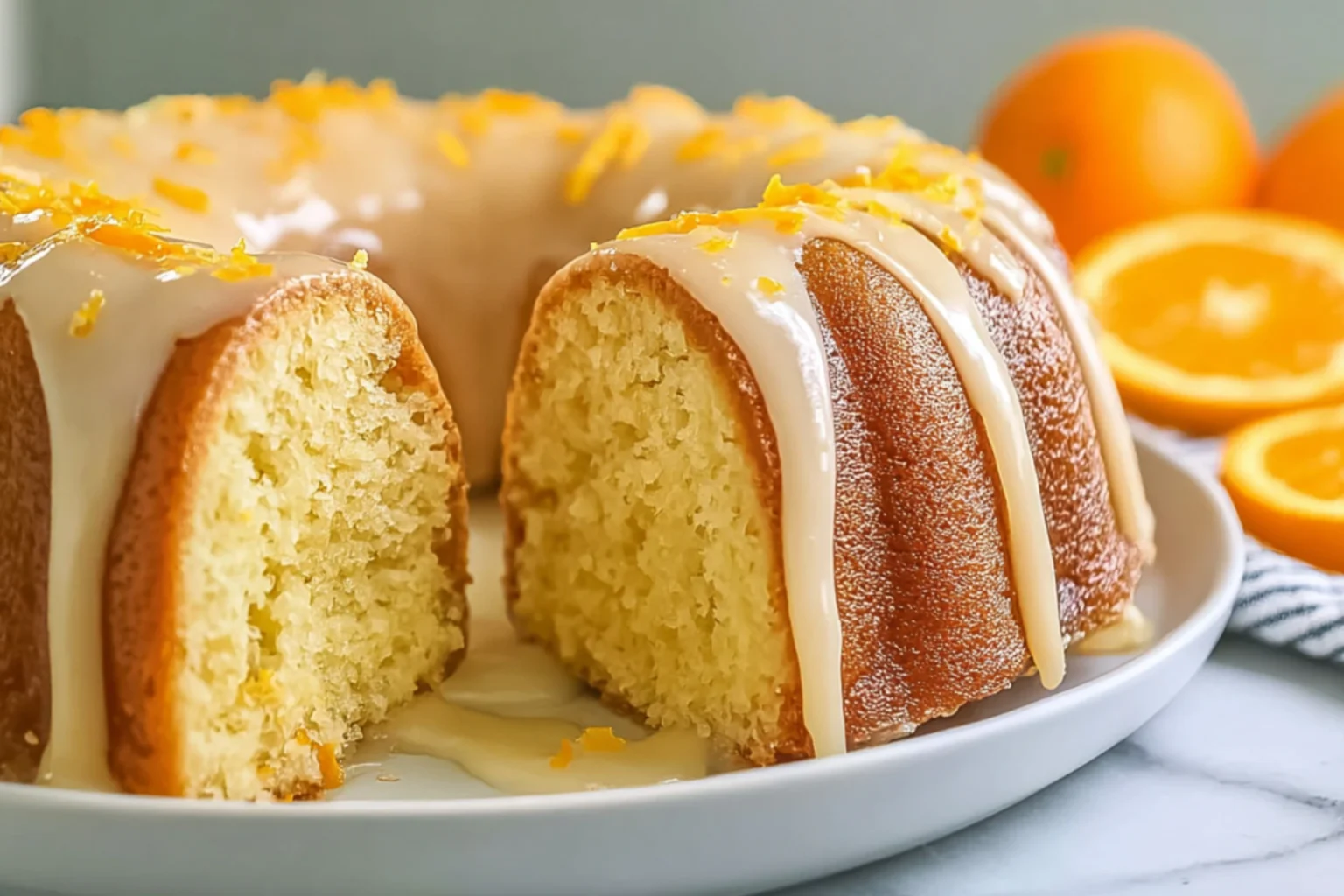 Orange Velvet Layer Cake with creamy orange glaze and zest on top