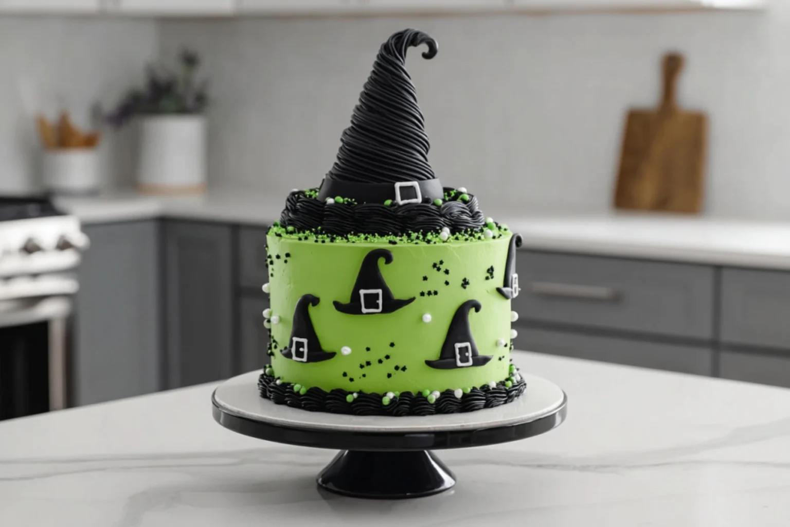 Halloween Witch Cake with Green Frosting and Fondant Hat