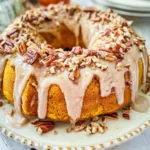 Homemade pumpkin spice bundt cake topped with creamy cinnamon glaze and chopped pecans on a decorative plate