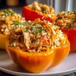 Shredded Chicken and Rice Stuffed Orange Peppers served on a white plate with fresh herbs on top