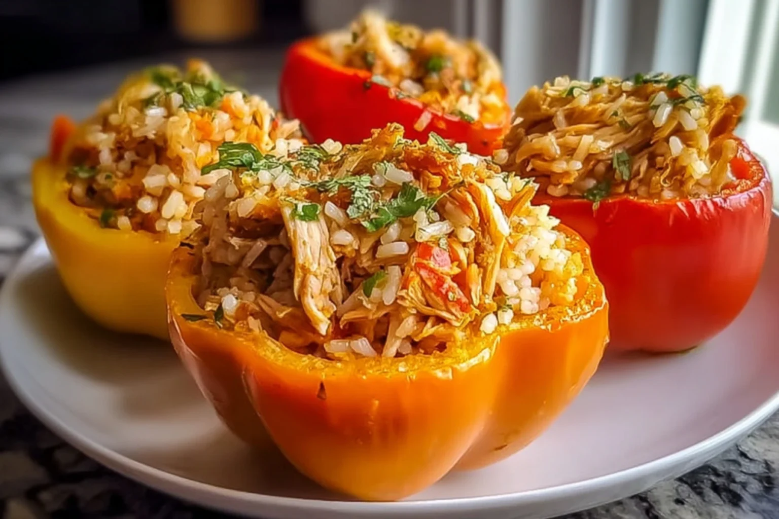 Shredded Chicken and Rice Stuffed Orange Peppers served on a white plate with fresh herbs on top