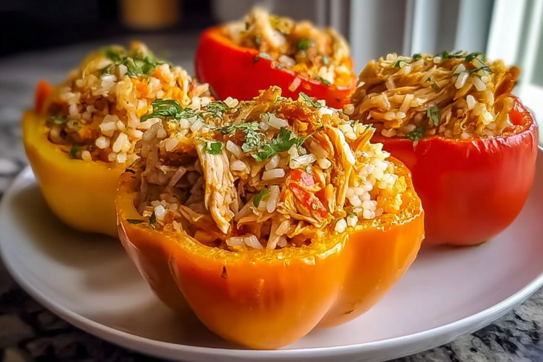 Shredded Chicken and Rice Stuffed Orange Peppers served on a white plate with fresh herbs on top