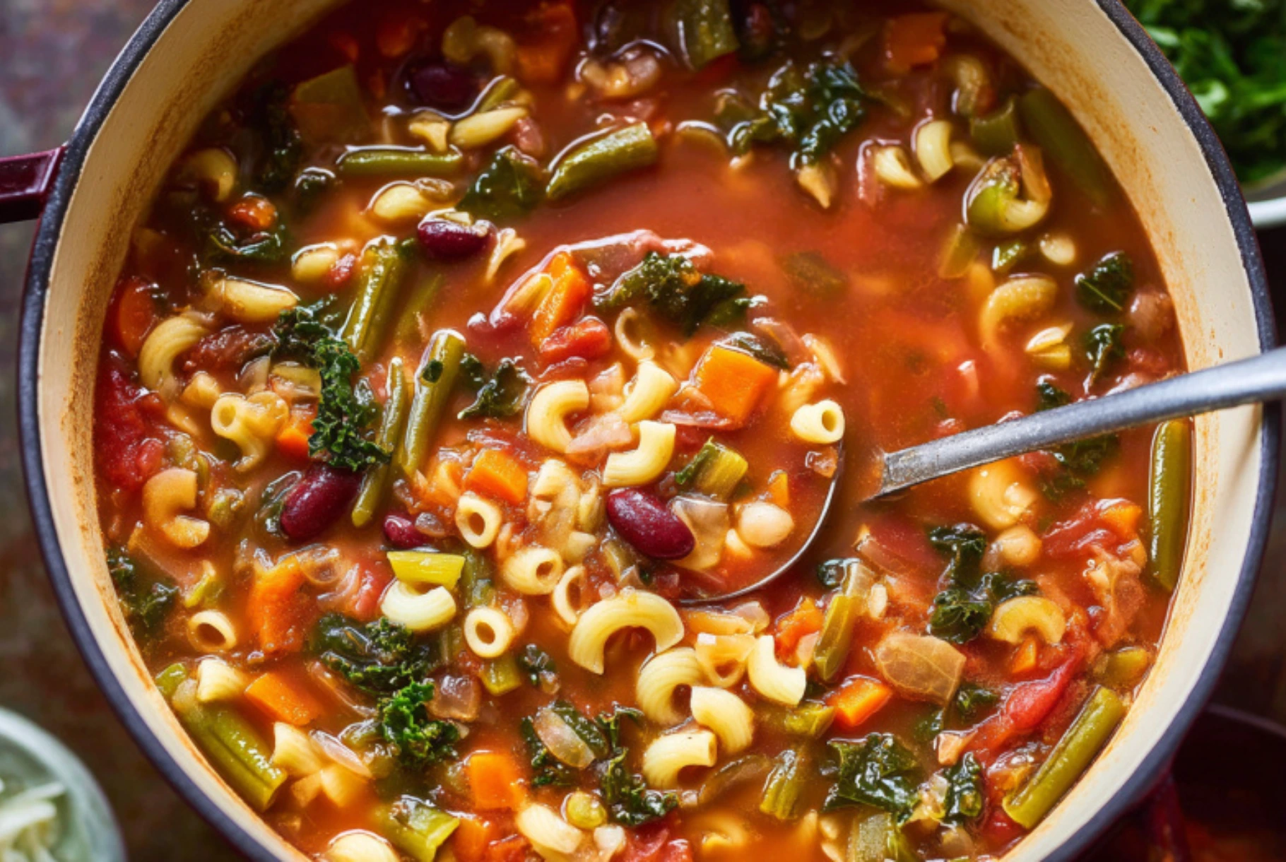 Italian Minestrone with Kale soup in a Dutch oven with pasta, beans, and vegetables in a rich tomato broth