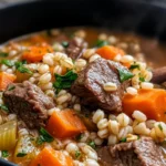 Beef and barley stew with tender beef cubes, carrots, celery, and pearl barley in a hearty broth served in a rustic bowl