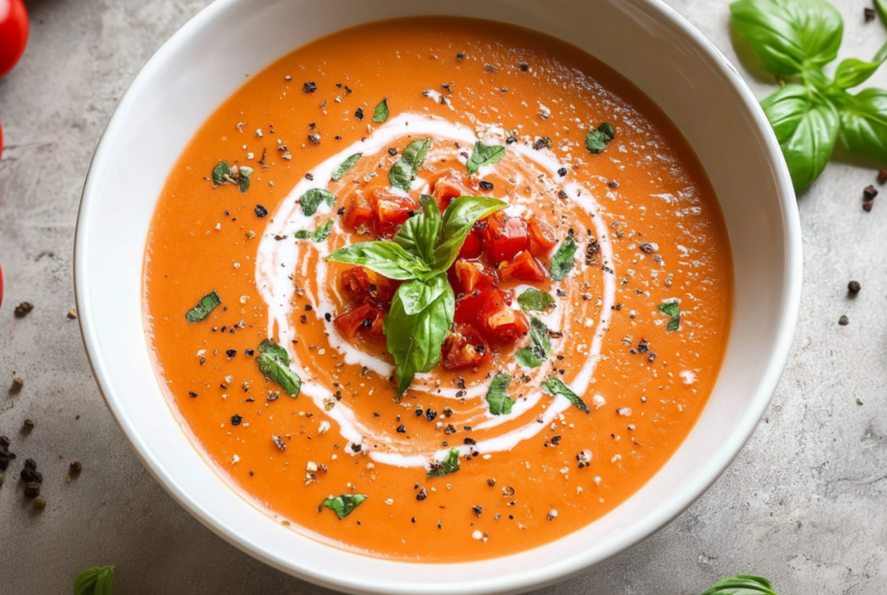 Creamy Tomato Basil Soup with Fresh Herbs and Creamy Toppings