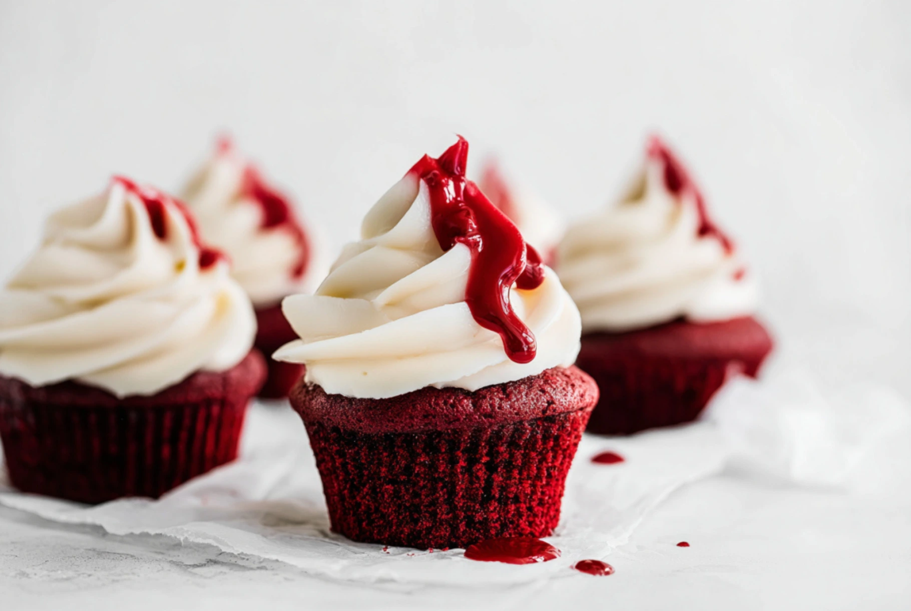 Halloween Red Velvet Cupcake with cream cheese frosting and raspberry sauce drizzle, spooky dessert idea for Halloween parties