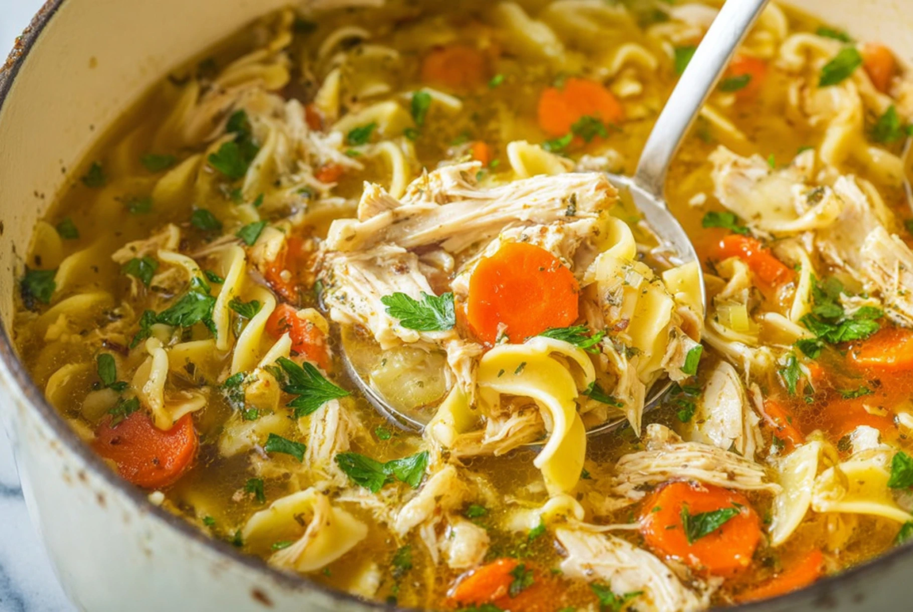 Homemade Chicken Noodle Soup with Egg Noodles and Vegetables
