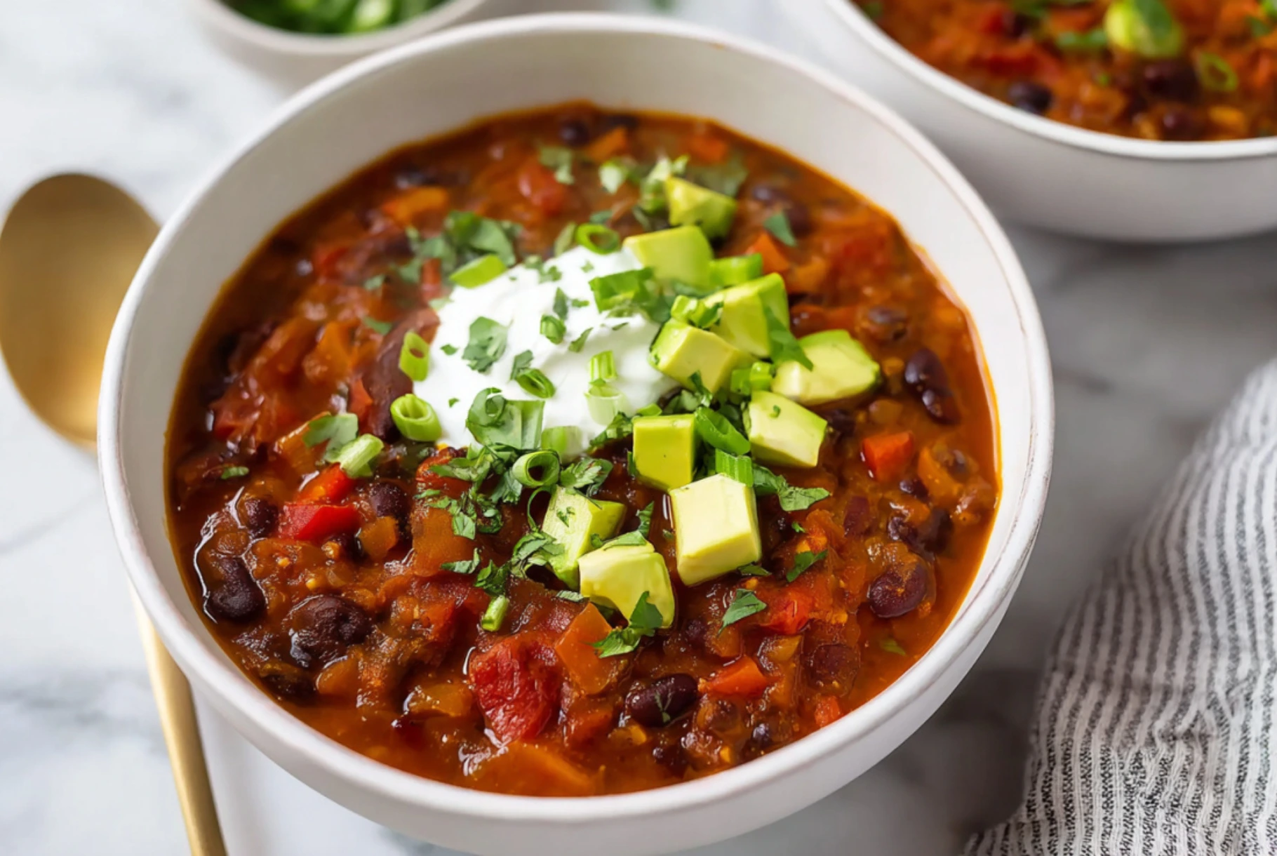 Pumpkin Chipotle Chili with Avocado and Sour Cream Topping